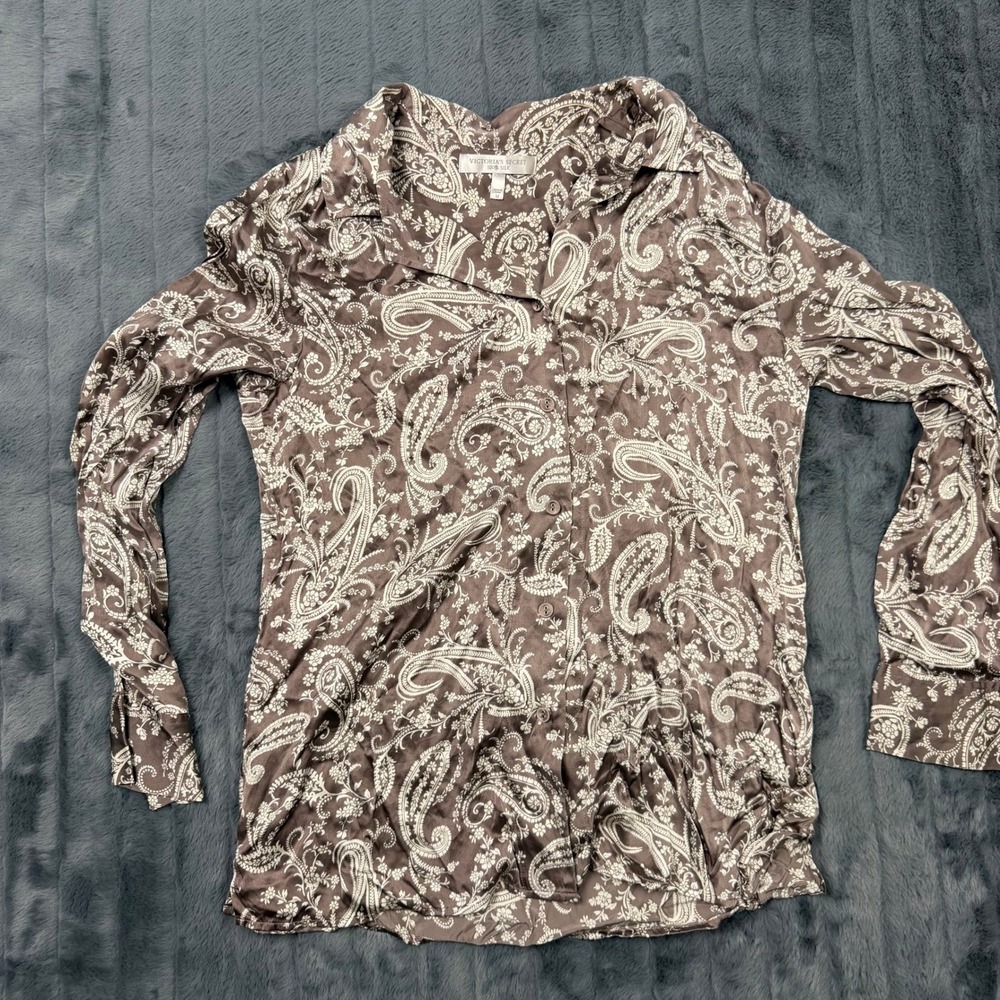 Victorias Secret 100 Silk Paisley Button Down Pajama Top Brown White Medium